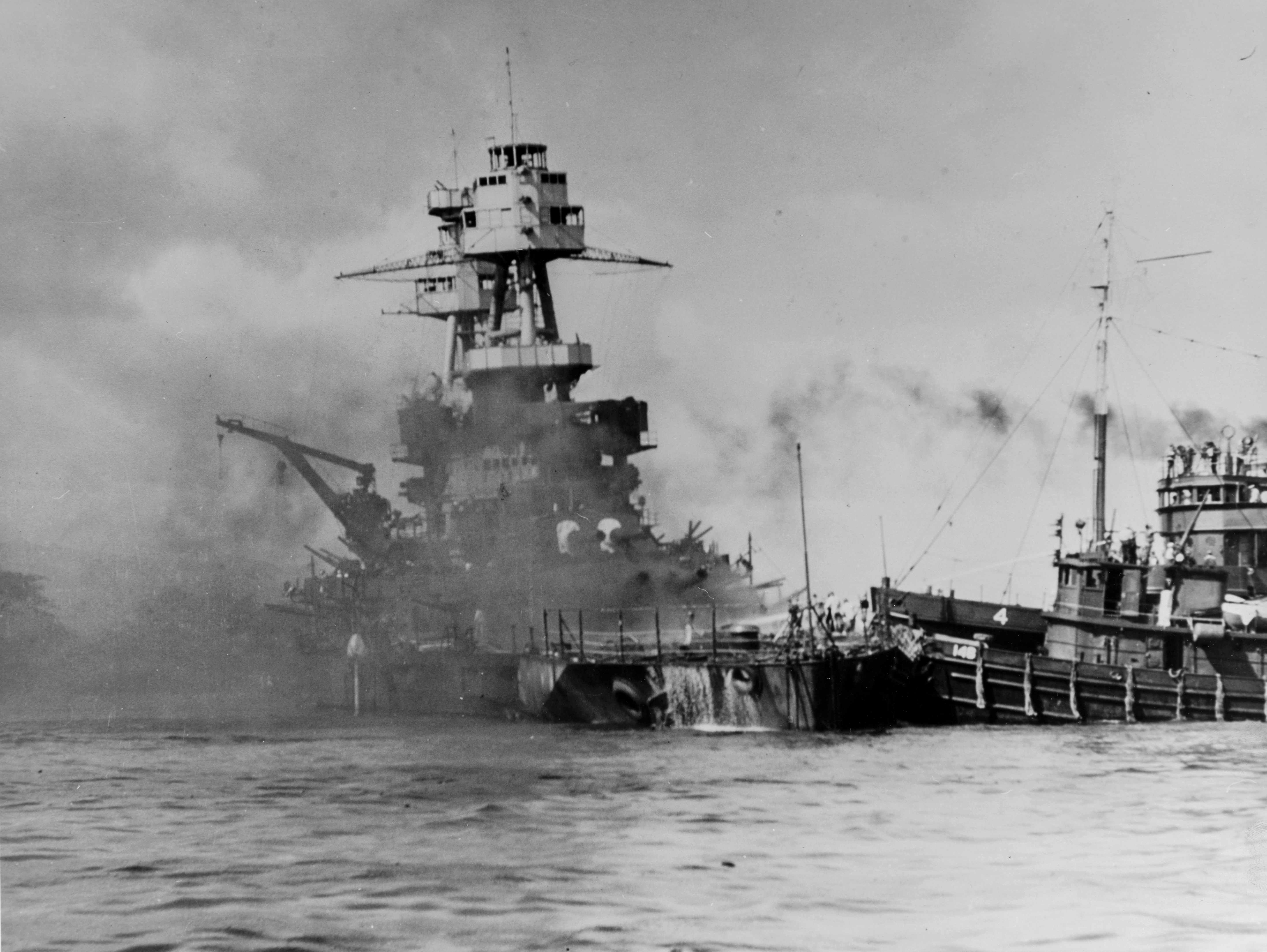  USS Nevada aground & afire off Waipio Point, Pearl Harbor, 7 Dec. 1941