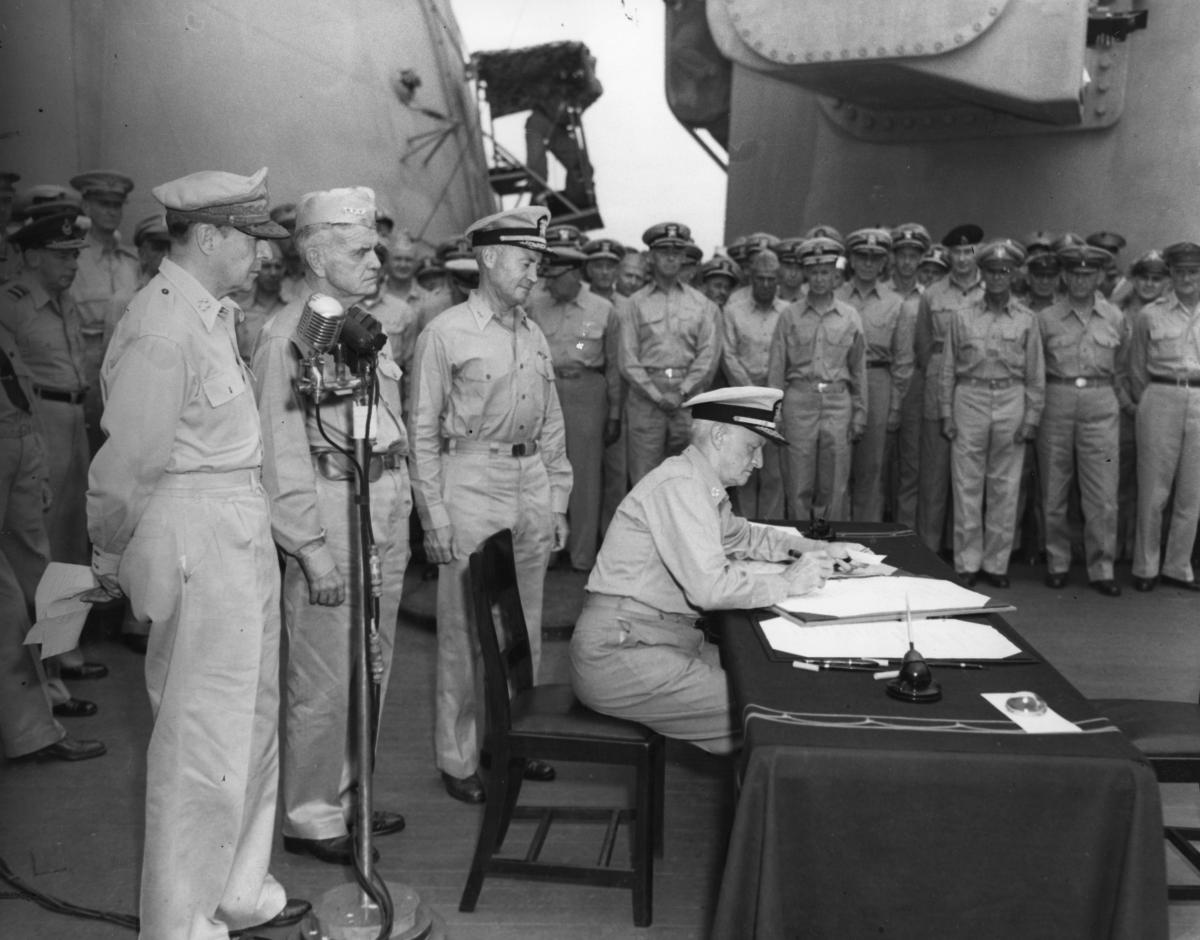  Nimitz signing the Japanese surrender treaty on the USS Missouri