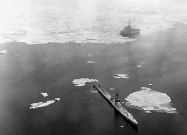 USS Redfish (SS-395) in a polynya in 1952, with the USS Burton Island (AG-88) in the background