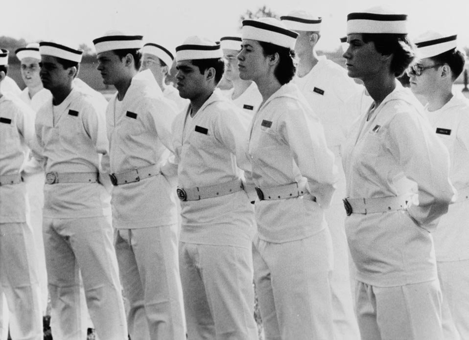 New Midshipmen of the Class of 1980 stand in formation at the Naval Academy.