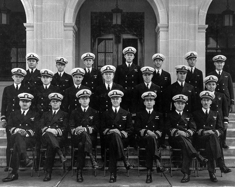 The U.S. Navy ZRS-5 USS Macon's officers in 1935. Left to right: Lt.Cdr. Scott E. Peck; Lt. Cdr. JEsse L. Kenworthy, Jr.; Lt. Cdr. Edwin F. Cochrane; Lt. Cdr. Herbert V. Wiley, commanding officer, USS Macon; Cdr. A. T. Clay, commanding officer, Moffett Field; Lt. Cdr. George H. Mills; Lt. Cdr. Donald M. Mackey. Center: Lt. (j.g.) Gerald L. Huff; Lt. (j.g.) Harry W. Richardson;  Lt. Howard N. Coulter; Lt. (j.g.) Earl K. VanSwearingen; Lt. Calvin M. Bolster; Lt. Harold B. Miller; Lt. Anthony L. Danis. Top: Lt. (j.g.) Leroy C. Simpler; Lt (j.g.) John D. Reppy;  Lt. George W. Campbell;  Chief Boatswain William A. Buckley;  Lt. Walter E. Zimmerman; Lt. (j.g.) Frederick N. Kivette; Chief Machinist Emmett C. Thurman.