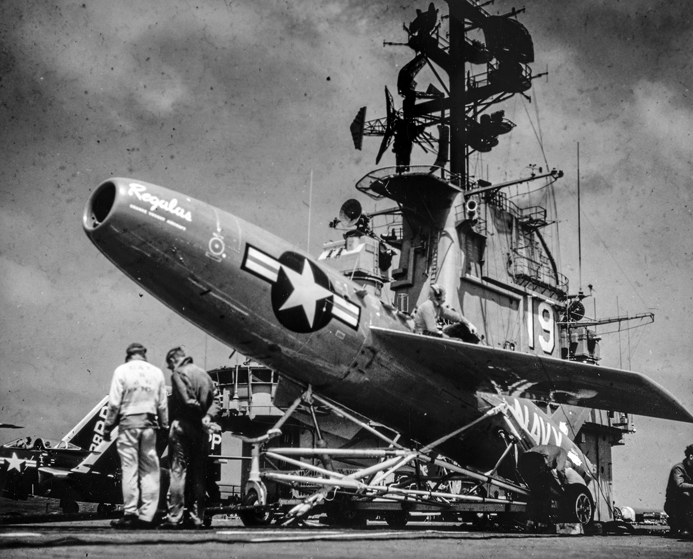 An SSM-N-8 Regulus I missile is poised and ready to be launched aboard the USS Hancock (CV-19).