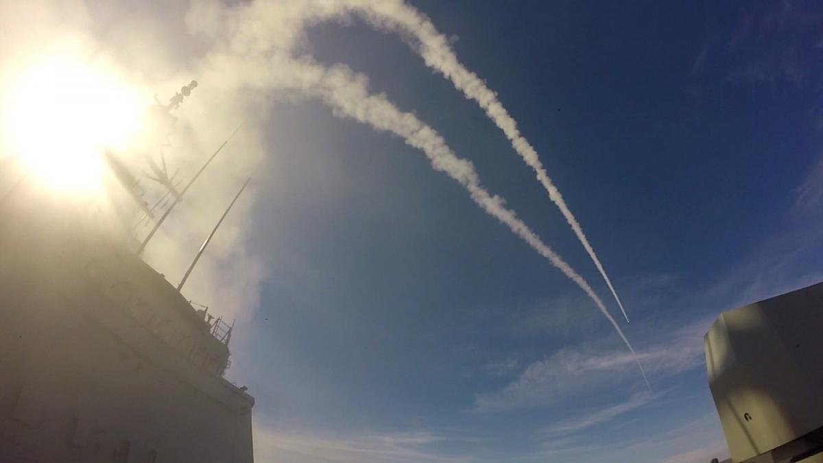 HMAS Hobart (DDG-39) firing two Evolved Sea Sparrow Missiles