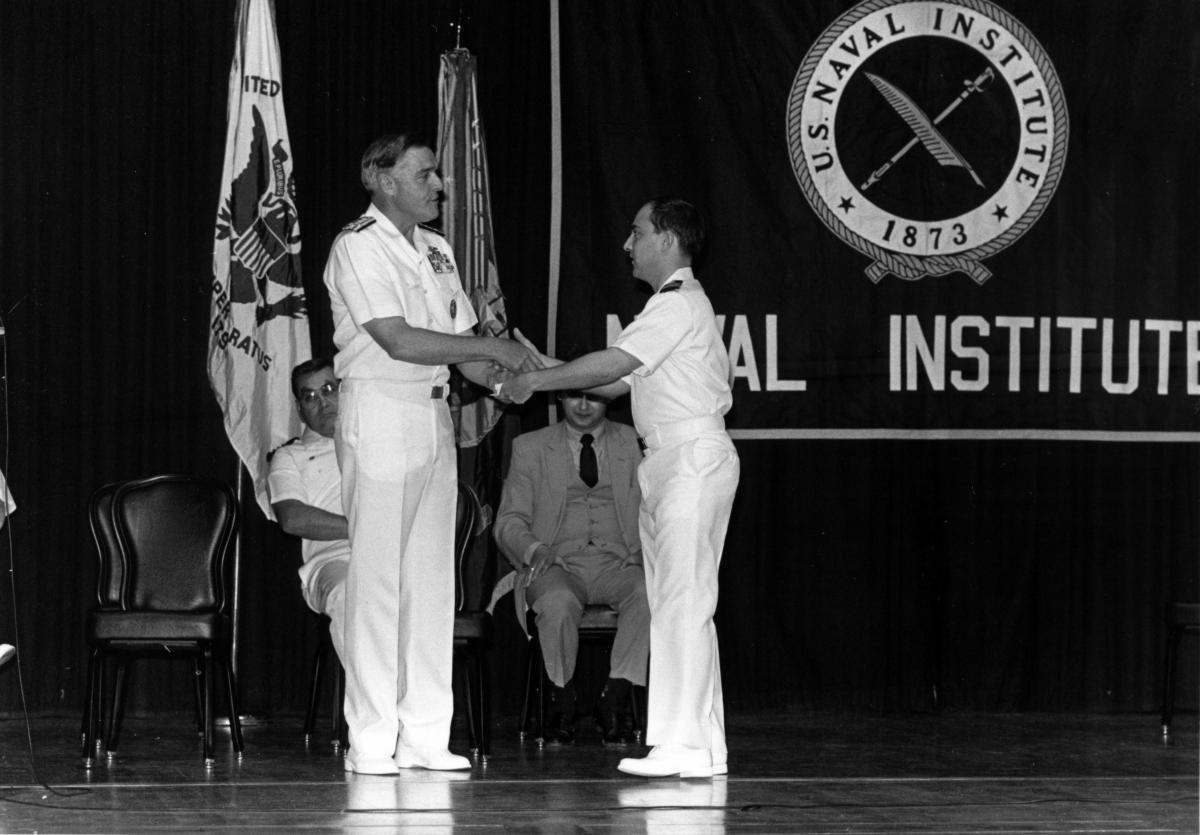 Naval Institute General Prize Essay Contest Winner, Lieutenant Commander James Stavridis, with Admiral Watkins - 1984