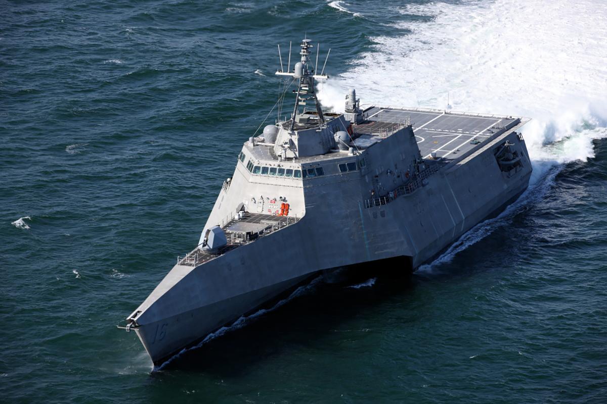Aerial port bow view of USS Tulsa (LCS-16) underway at sea