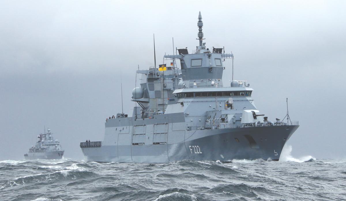 Starboard surface bow view of the German frigate FGS Baden-Württemberg operating in the Skagerrak, entrance to the Baltic Sea.