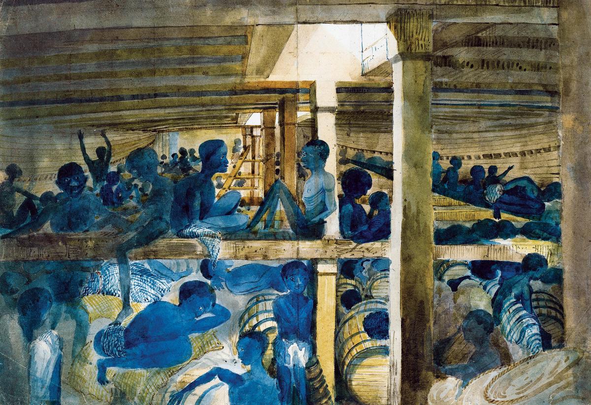 Watercolor of slaves on board the slave ship Albanoz by Francis Meynell.