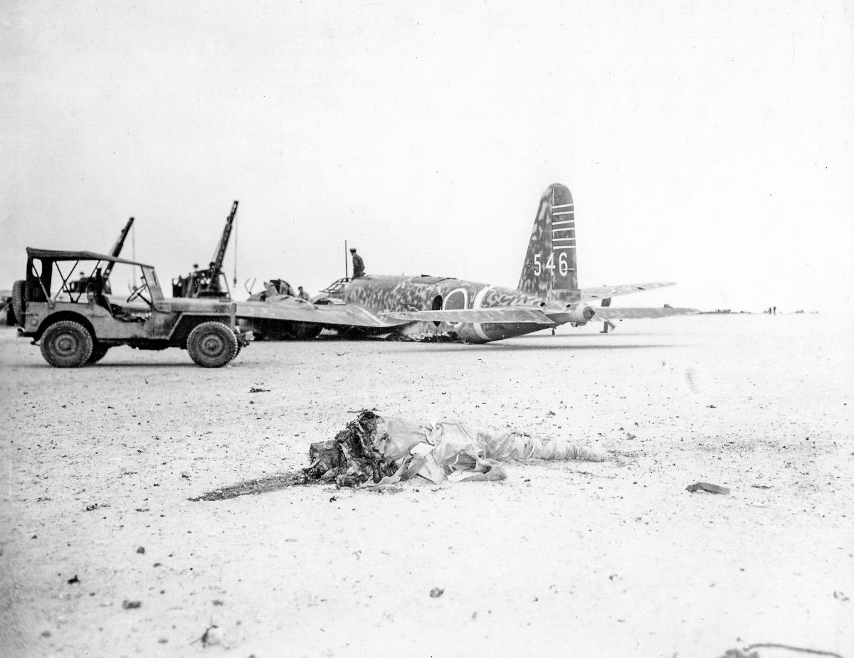 Belly-landed Japanese Ki-21 Sally bomber on Yontan airfield in Okinawa