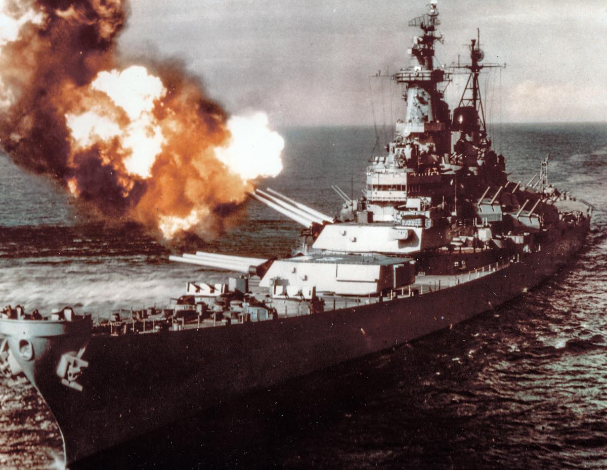 On 21 October 1950, the 16-inch guns of the USS Missouri (BB-63) bombard Chongjin, North Korea