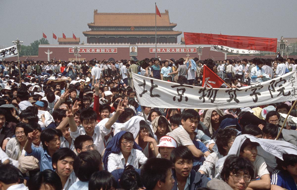 View of the crowd during the Tiananmen Square protest in 1989