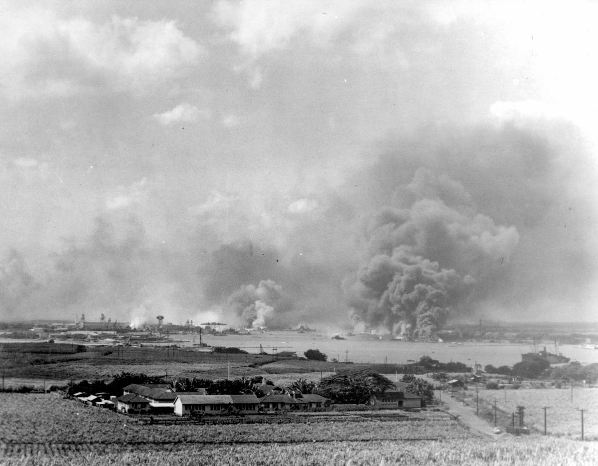 View looking toward the Pearl Harbor Navy Yard from the Aiea area, in the morning of 7 December 1941