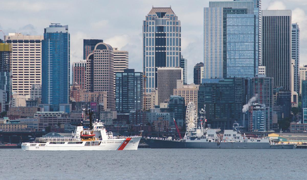 The U.S. Coast Guard Cutter Active (WMEC-618) and the guided-missile destroyer USS Gridley (DDG-101) off Seattle, Washington.
