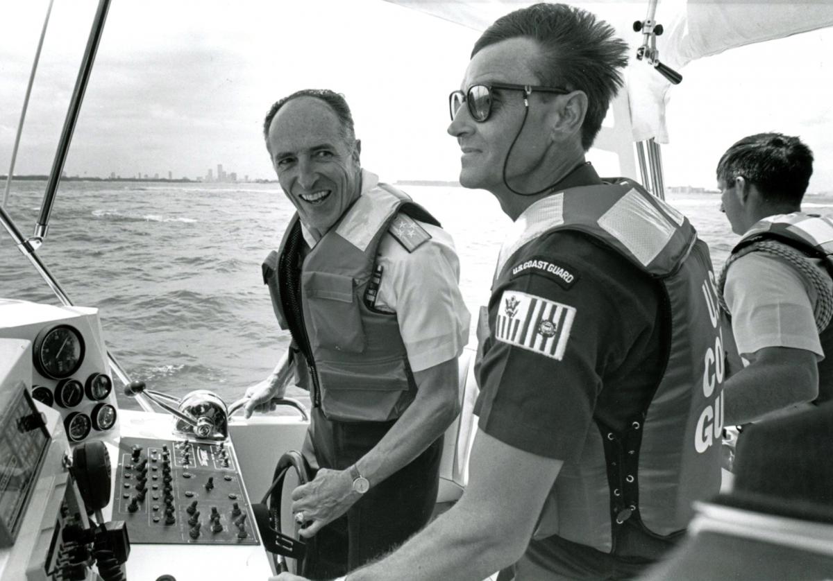 Admiral Tom Yost, USCG, commanding a high-speed fast coastal interceptor at sea