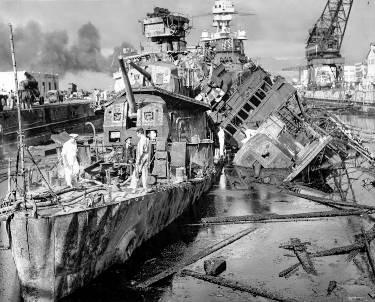 USS Cassin and the USS Downes after the Japanese attack on Pearl Harbor.