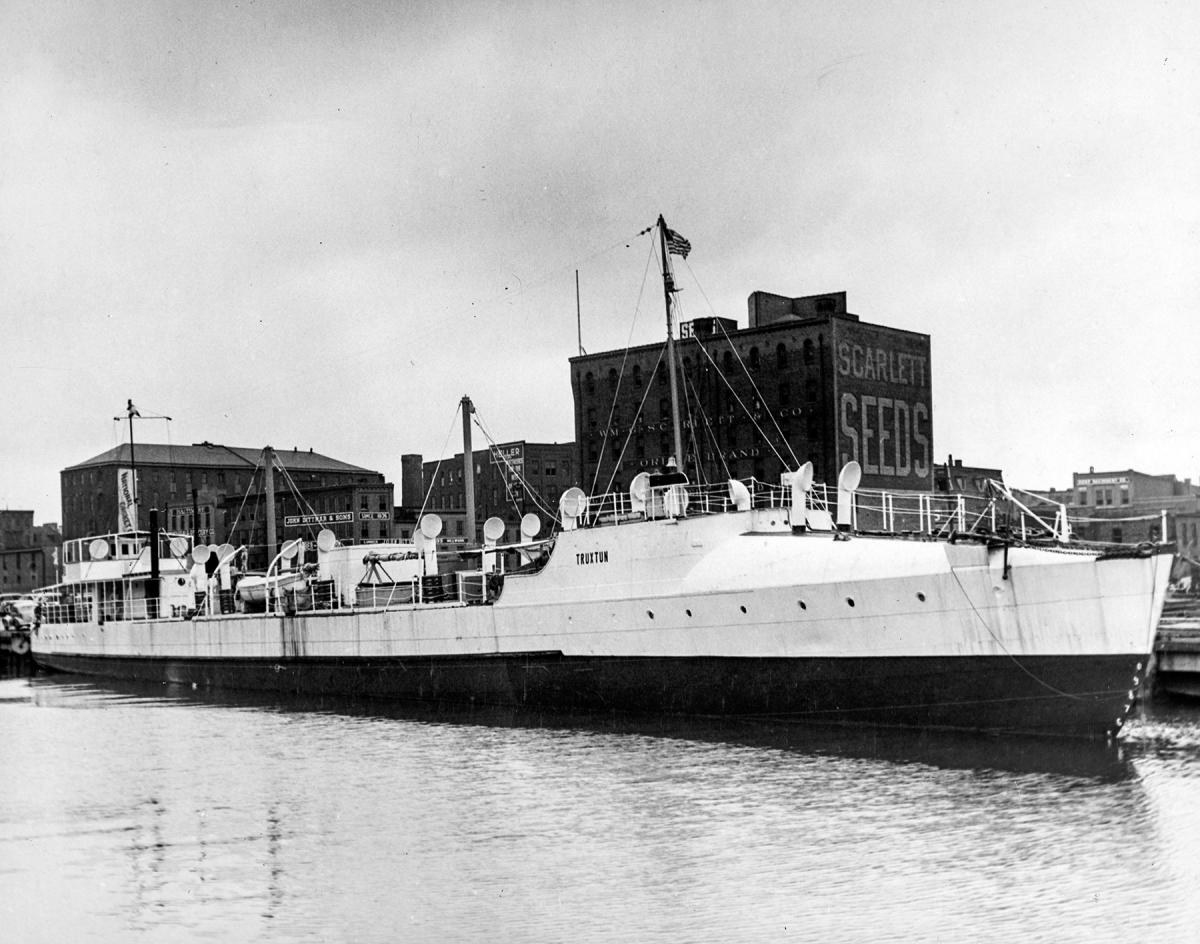 Broadside view of the motor fruit carrier Truxtun, ex-USS Truxtun (DD-14) moored in Baltimore.