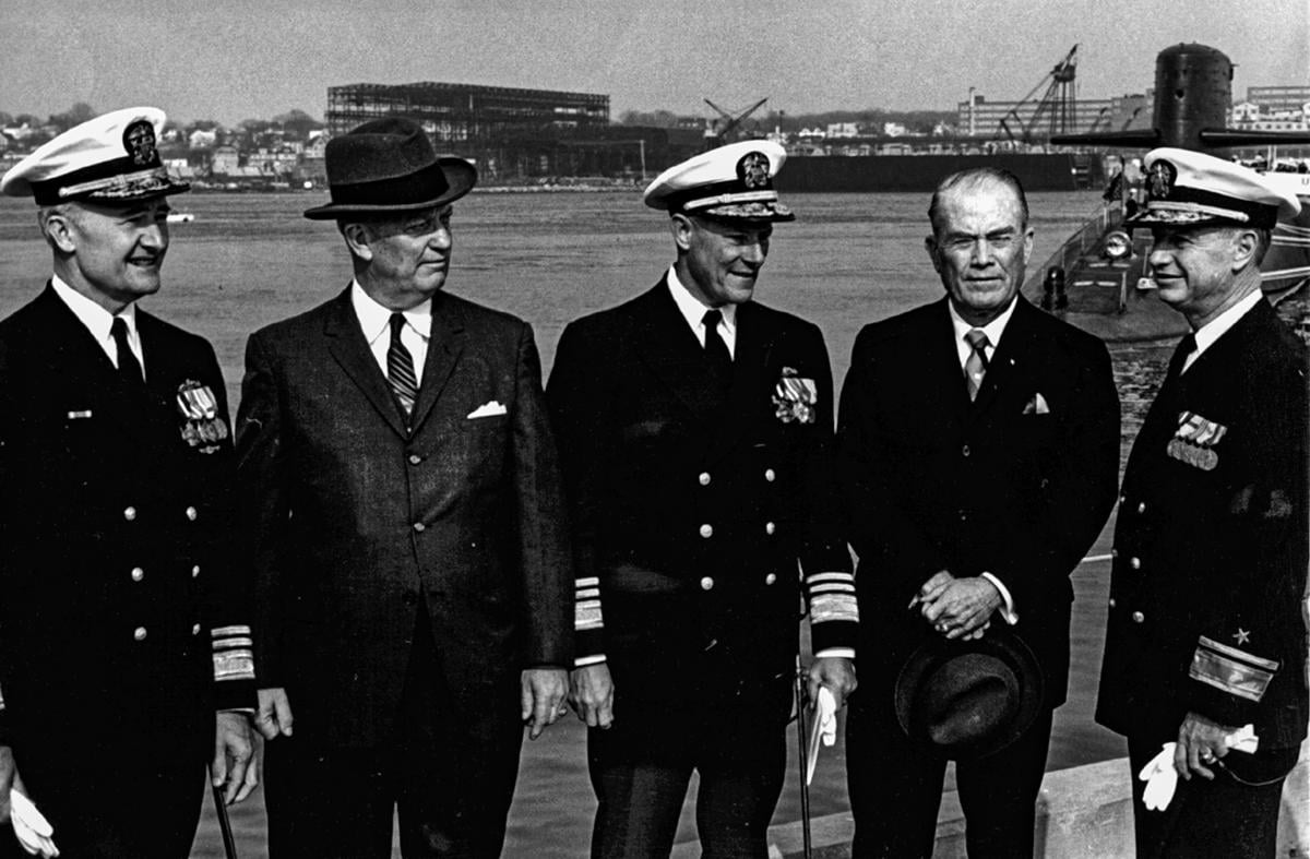 Vice Admiral Arnold F. Schade with Vice Admiral I. J. Galantin, retired Admiral Arleigh Burke, retired Vice Admiral William F. Raborn, and Rear Admiral Levering Smith