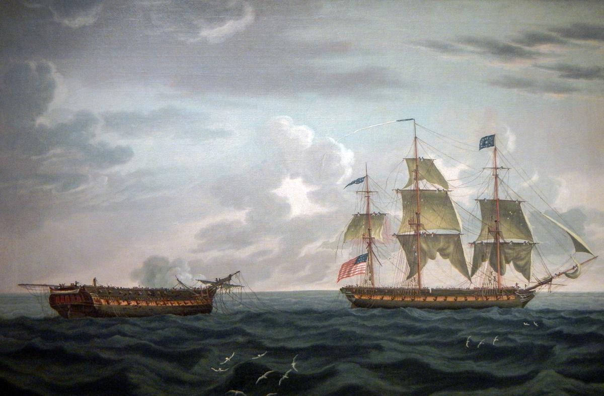 Painting of the Guerriere helpless with all her masts shot away.