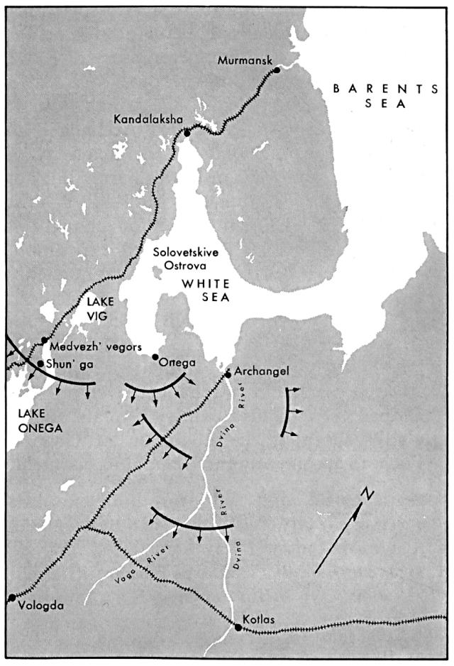 Map showing maximum extent of Allied-White Russian penetration into northern Russia during 1918-1919