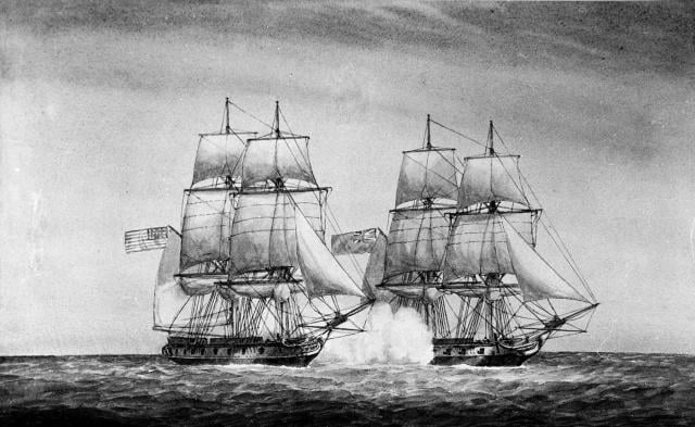 Artist's depiction of the USS Protector vs British privateer Admiral Duff on 9 July 1781.