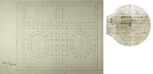 Left: Illustration by Charles W. MacCord, inventor John Ericsson’s chief draftsman, showing details of the “Turret Shield,” intended to provide extra protection around the turret’s gun ports. Above: The left side of this drawing by Ericsson offers a bird’s-eye view of the shield in place in front of the gun ports.
