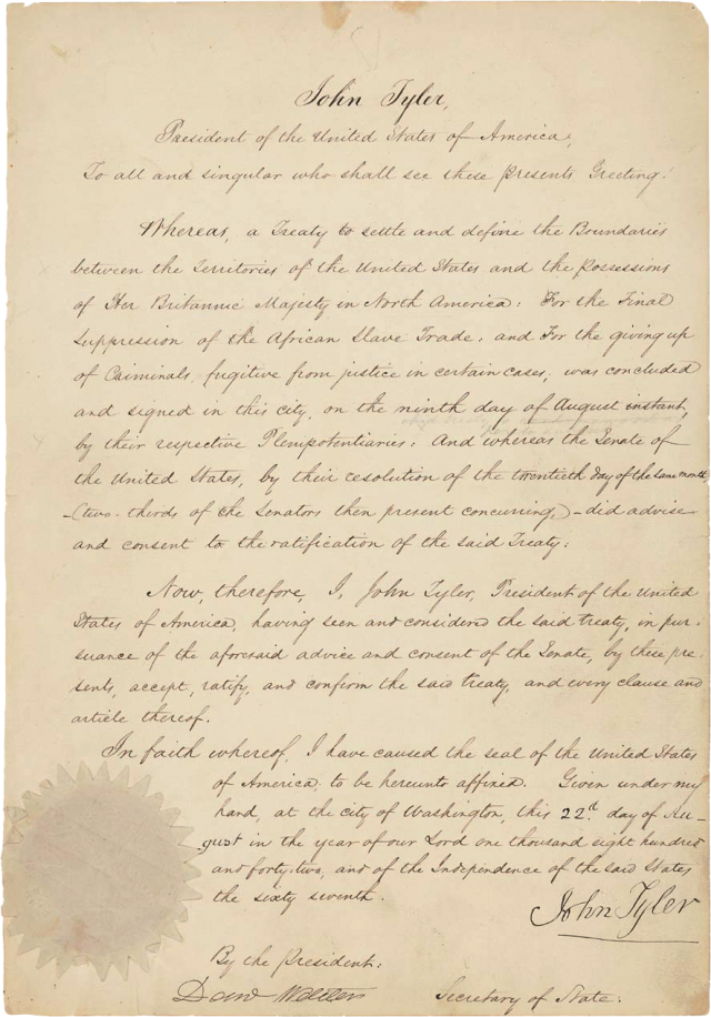 First handwritten page of the U.S. acceptance of 1842 Webster-Ashburton Treaty