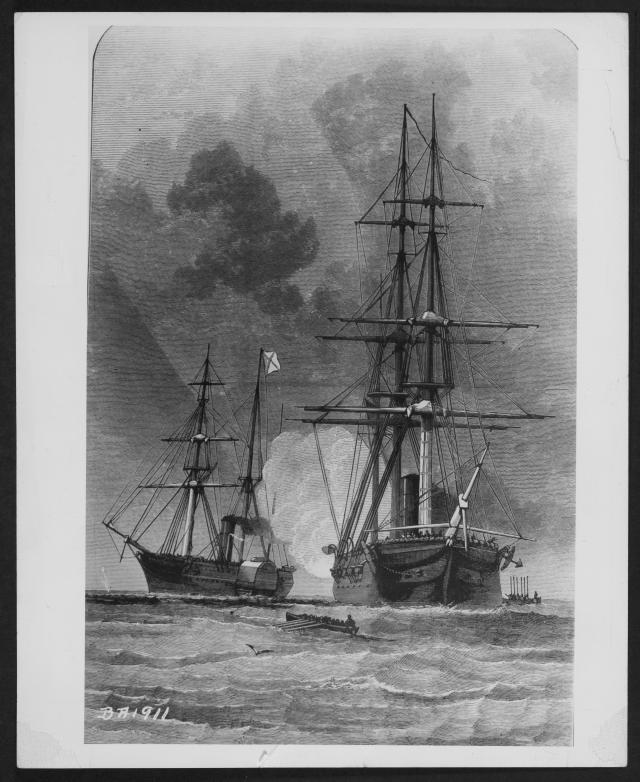 Troops from the USS San Jacinto (1850) return to their vessel after seizing Confederate diplomats James Murray Mason and John Slidell from the RMS Trent.  