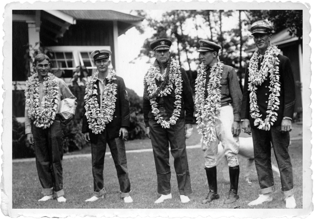 Crew of the PN-9 No. 1 posing wearing Hawaiian leis.