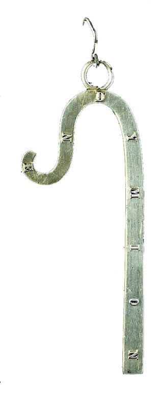 Silver badge of the HMS Endymion in the shape of a Shepherd's Crook
