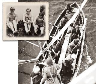 Right: The Spencer lowers a boat to retrieve survivors from U-175. Above: Hypothermic, wounded, most of the German survivors were grateful to have been rescued, “although one Nazi officer spat at a Coast Guard lieutenant.”