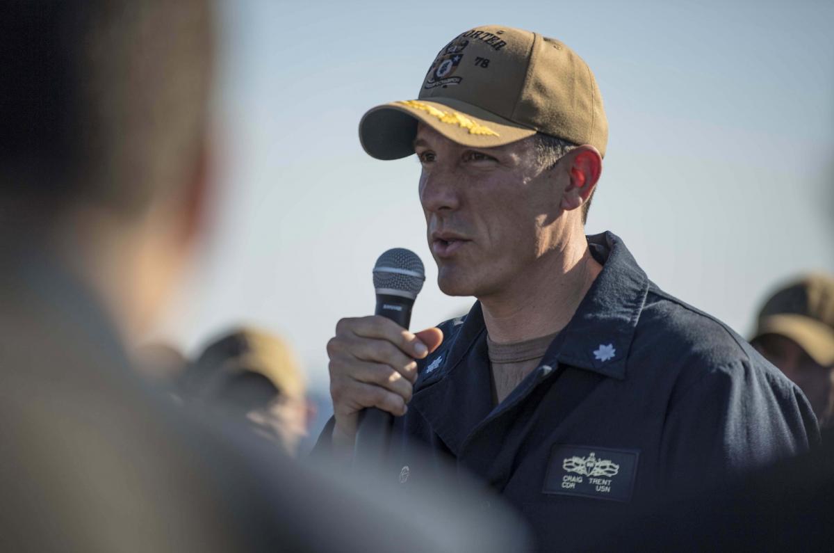 Craig Trent, commanding officer of USS Porter (DDG-78), addresses the crew during an all-hands call, Jan. 13, 2019.