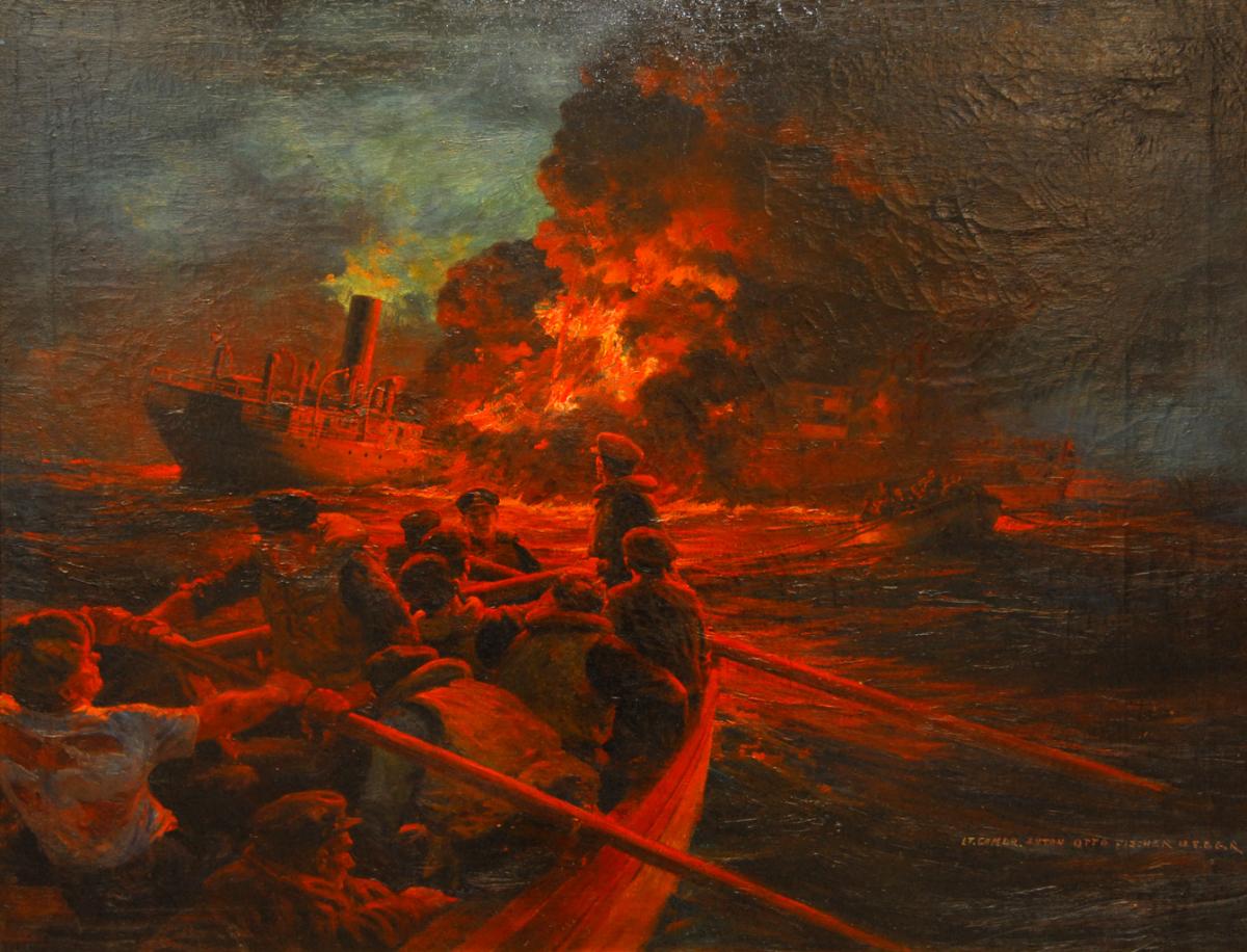 “Pulling Away from Blazing Tanker” by Anton Otto Fischer.