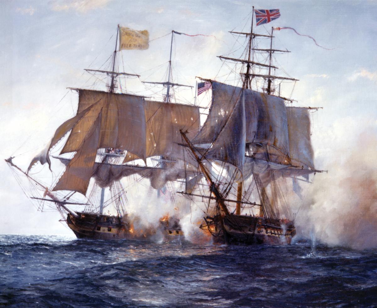 HMS Shannon and the USS Chesapeake exchange broadsides during their 15-minute battle on 1 June 1813 in Robin Brook's painting "Duel off Cape Anne." 