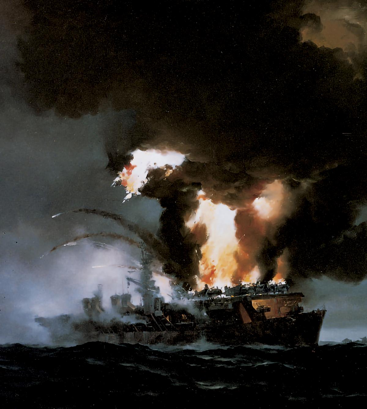 Painting of a surface starboard bow view of the attack on USS Princeton by R.G. Smith
