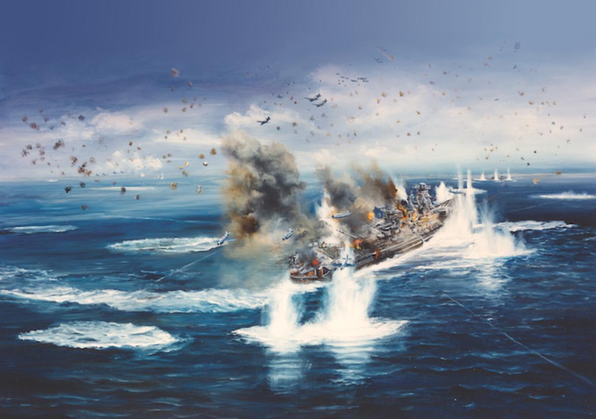 On 7 April 1945, U.S. carrier planes swarm over the explosion-engulfed Yamato and Yahagi (background) in artist John Hamilton's depiction of the Japanese warships' final battle. 