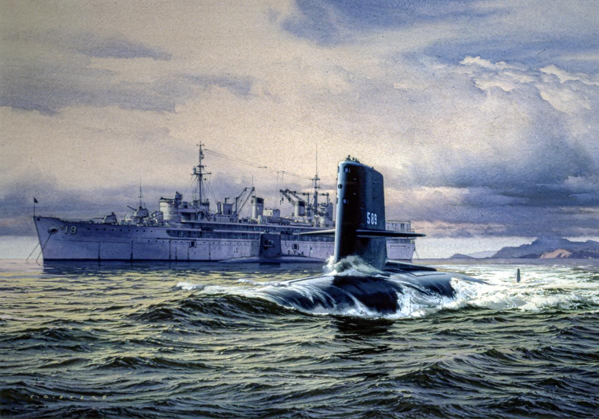 Watercolor by Carl G. Evers of the USS Scorpion (SSN-589) departing from anchored USS Orion (AS-18)