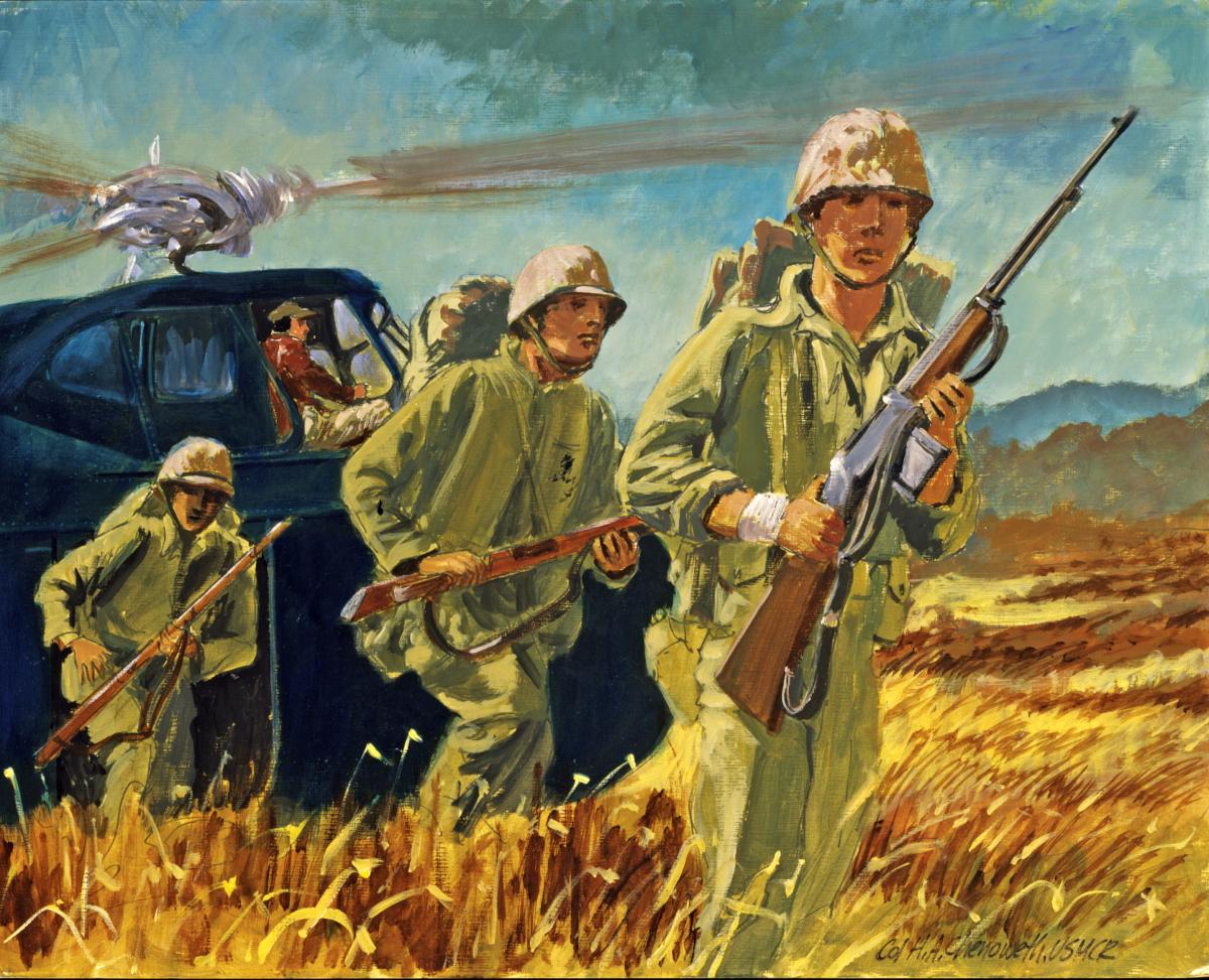 1st Marine Division Leathernecks move out after disembarking from an HRS-1 helicopter in a Korean War painting by combat artist Colonel Avery Chenoweth