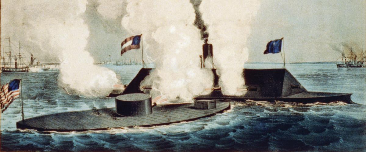 First clash of ironclads: the USS Monitor (left ) vs. the CSS Virginia, 9 March 1862.