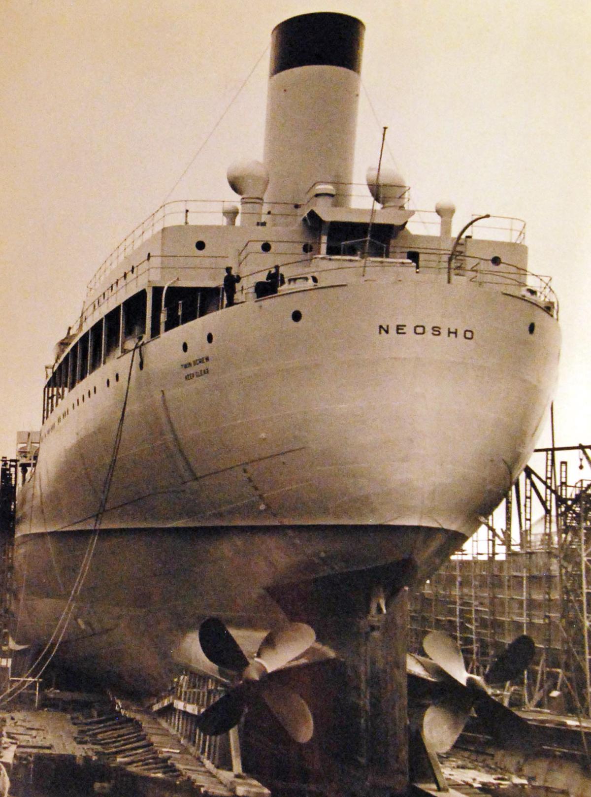 Stern view of USS Neosho (AO-23) prior to launching at Federal Shipbuilding and Drydock Company, Kearny, New Jersey, 29 April 1939