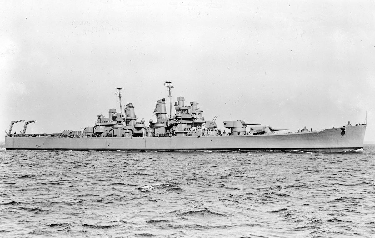 Starboard broadside view of the USS Baltimore (CA-68)