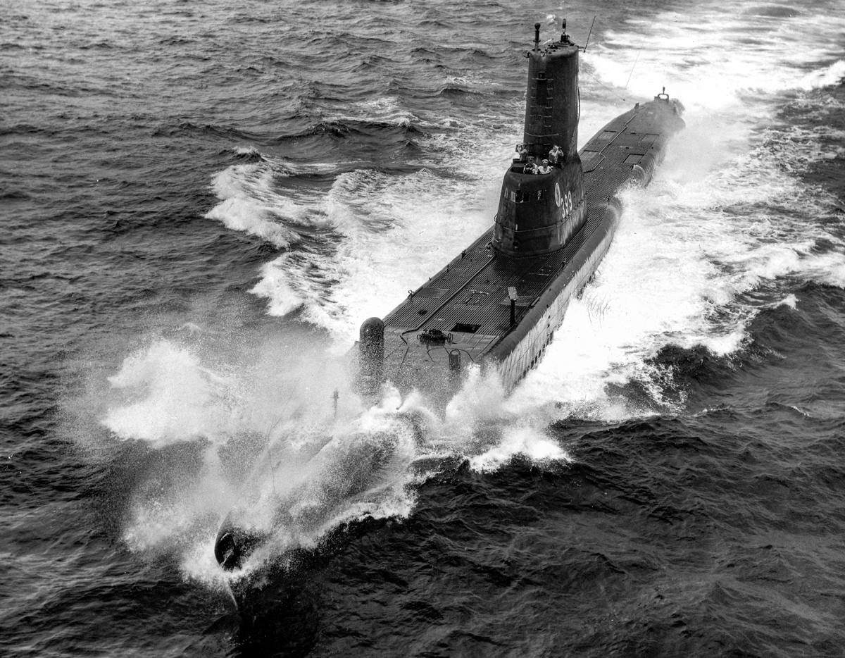 Port bow view of USS Sea Cat (SS-399) underway at sea.
