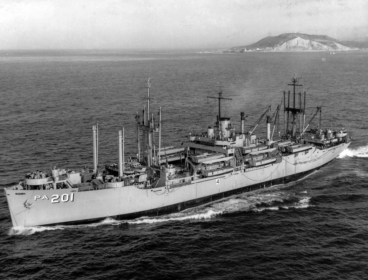 Port bow view of the USS Menard (APA-201) underway, circa 1954, off Point Loma, San Diego, Californi