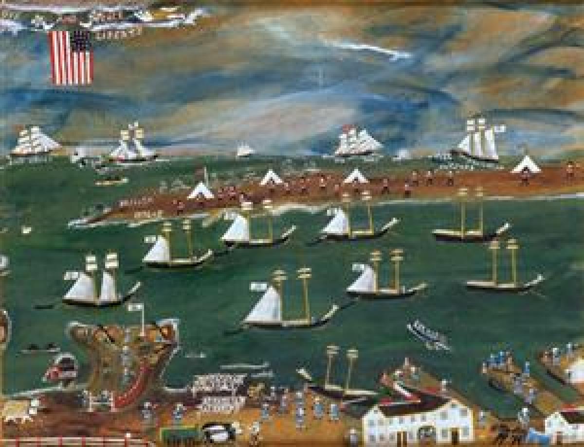 James Mugford captured the British brig Hope before he died of wounds inflicted during battle. This painting by John Frost depicts the schooner Franklin's engagement with the Hope in May of 1776.