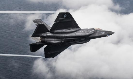 A U.S. Navy F-35C Lightning II from the 'Argonauts' of Strike Fighter Squadron (VFA) 147 completes a flight over Eglin Air Force Base in Fort Walton Beach, Florida on 1 February 2019.