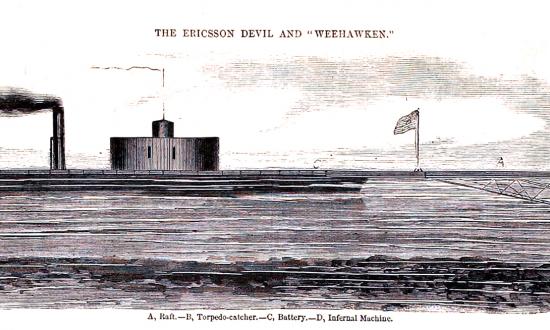 The Weehawken is depicted with its original “minesweeper” about to explode a Confederate torpedo. The illustration is from the 25 April 1863 edition of Harper’s Weekly.