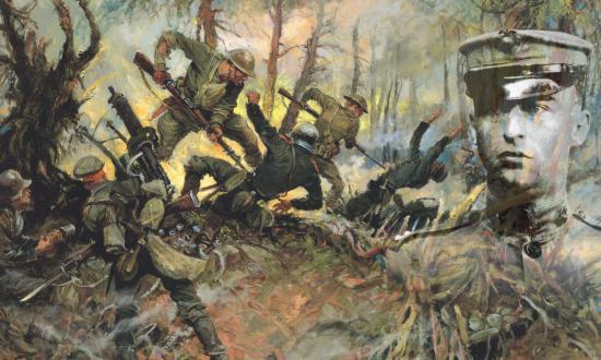Portrait of “Johnny the Hard” Hughes inset over a painting of the Battle of Belleau Wood