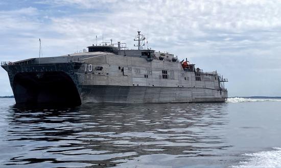 The Spearhead-class expeditionary fast-transport vessel USNS Burlington (T-EPF-10) departing its hub port in Virginia in September 2020.