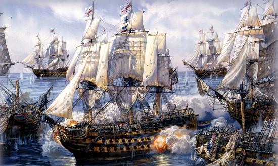 Vice Admiral Horatio Lord Nelson’s flagship HMS Victory breaks the French and Spanish Combined Fleet’s line during the opening stage of the 21 October 1805 Battle of Trafalgar, in Tom W. Freeman’s The Nelson Touch.