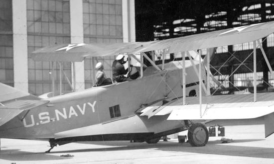 An OL-2 showing the aircraft’s two open cockpits; it could be flown with a control wheel in the forward cockpit or a control stick in the rear cockpit.
