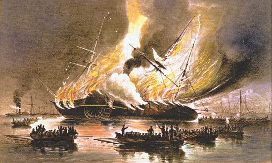 Lithograph of the steam frigate Missouri burning at Gibraltar