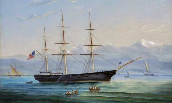 Oil painting on canvas showing USS Supply by W. R. May